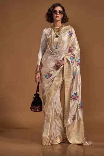 Cream satin multi courted weaving work saree