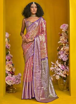 Lavender & peach silk blend handloom weaving saree 1
