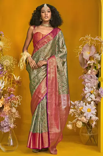 Mehendi & pink silk blend handloom weaving saree