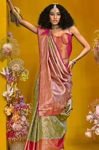 Mehendi & pink silk blend handloom weaving saree