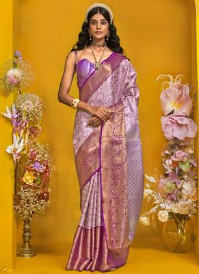 Lavender & purple silk blend handloom weaving saree 1