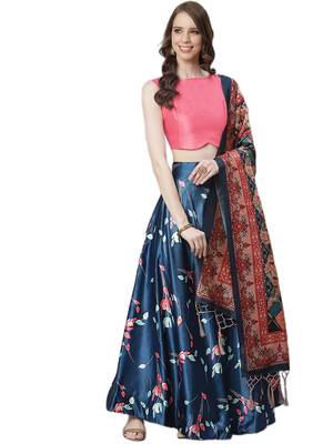 navy blue digital floral print satin silk lehenga choli with dupatta 7