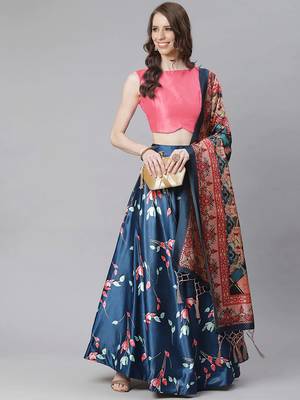 navy blue digital floral print satin silk lehenga choli with dupatta 8