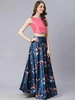 navy blue digital floral print satin silk lehenga choli with dupatta 9
