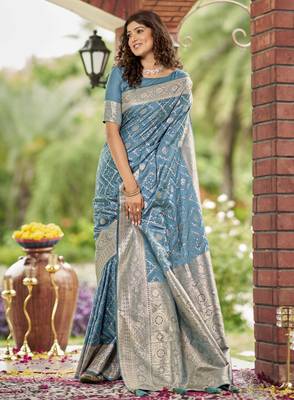 cyan blue satin silk blend jacquard saree with blouse piece 1