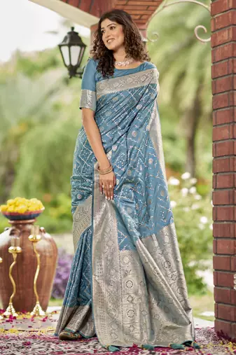 cyan blue satin silk blend jacquard saree with blouse piece