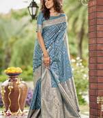 cyan blue satin silk blend jacquard saree with blouse piece