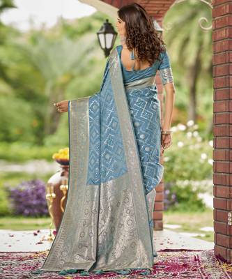 cyan blue satin silk blend jacquard saree with blouse piece 2