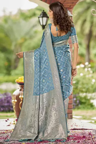 cyan blue satin silk blend jacquard saree with blouse piece