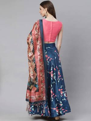 navy blue digital floral print satin silk lehenga choli with dupatta 10