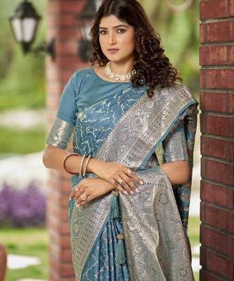 cyan blue satin silk blend jacquard saree with blouse piece 3