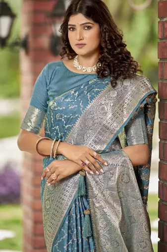 cyan blue satin silk blend jacquard saree with blouse piece