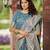 cyan blue satin silk blend jacquard saree with blouse piece