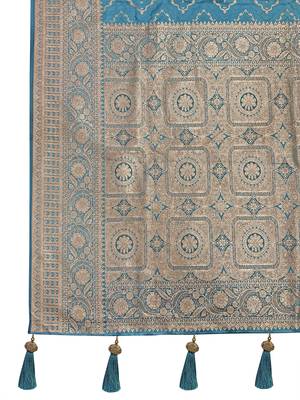 cyan blue satin silk blend jacquard saree with blouse piece 5