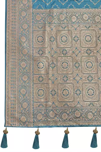 cyan blue satin silk blend jacquard saree with blouse piece