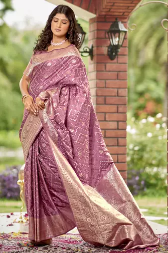 rose pink satin silk blend jacquard saree with blouse piece