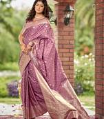 rose pink satin silk blend jacquard saree with blouse piece
