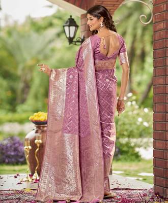 rose pink satin silk blend jacquard saree with blouse piece 2