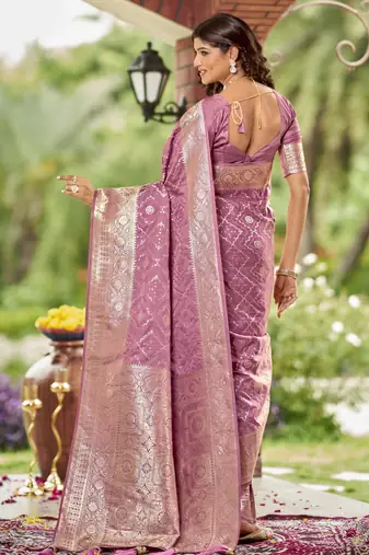 rose pink satin silk blend jacquard saree with blouse piece