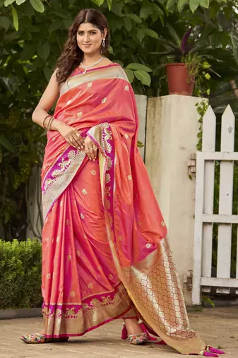  coral orange satin silk blend jacquard saree with blouse piece