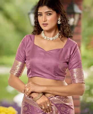 rose pink satin silk blend jacquard saree with blouse piece 4