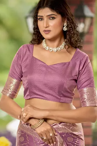 rose pink satin silk blend jacquard saree with blouse piece