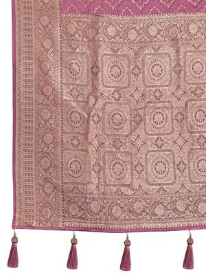 rose pink satin silk blend jacquard saree with blouse piece 5