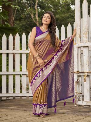  orange brown satin silk blend jacquard saree with blouse piece 1