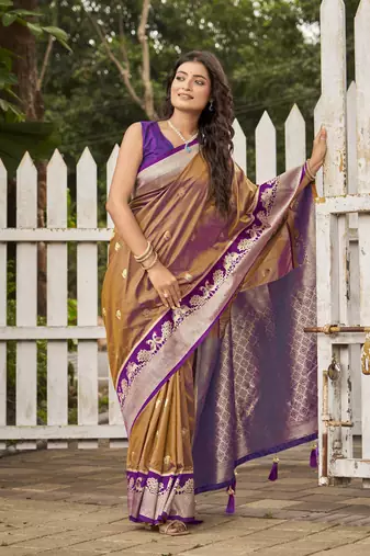  orange brown satin silk blend jacquard saree with blouse piece
