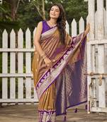  orange brown satin silk blend jacquard saree with blouse piece