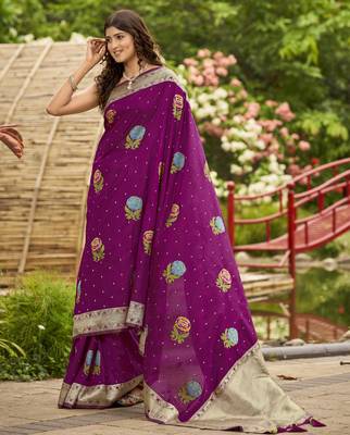 magenta satin silk blend jacquard saree with blouse piece 1