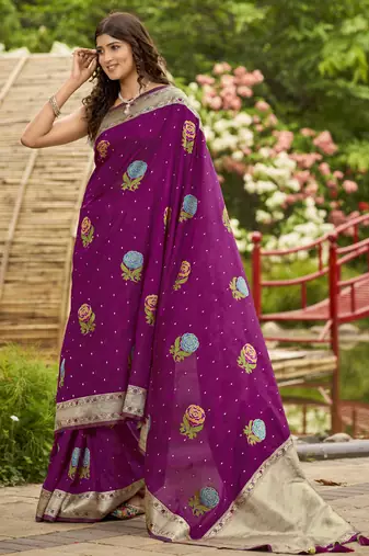 magenta satin silk blend jacquard saree with blouse piece