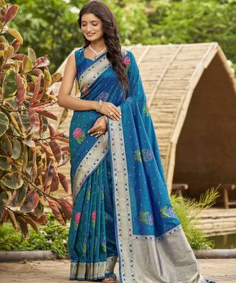  peacock blue satin silk blend jacquard saree with blouse piece 1