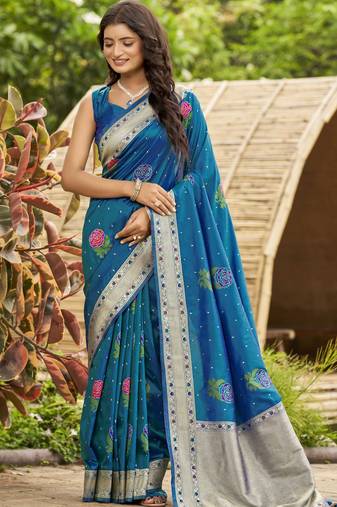  peacock blue satin silk blend jacquard saree with blouse piece