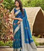 peacock blue satin silk blend jacquard saree with blouse piece
