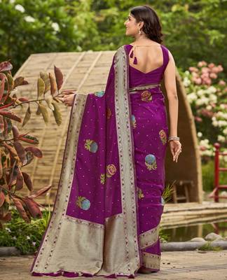 magenta satin silk blend jacquard saree with blouse piece 2
