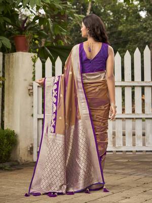  orange brown satin silk blend jacquard saree with blouse piece 2