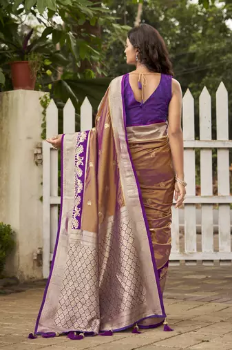  orange brown satin silk blend jacquard saree with blouse piece