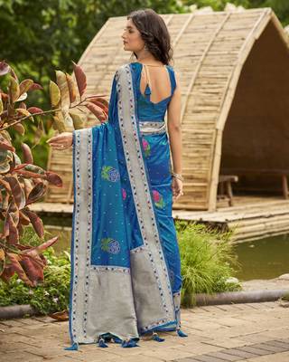  peacock blue satin silk blend jacquard saree with blouse piece 2