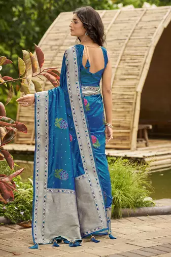  peacock blue satin silk blend jacquard saree with blouse piece