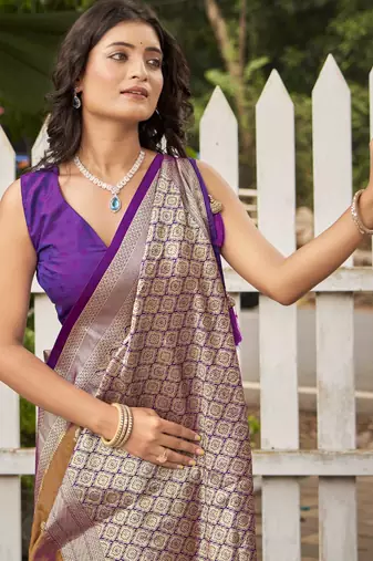  orange brown satin silk blend jacquard saree with blouse piece