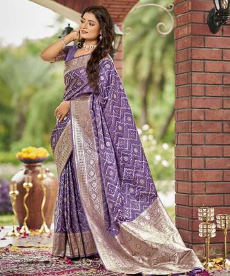  lavender purple satin silk blend jacquard saree with blouse piece 1