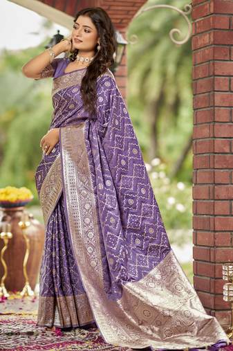  lavender purple satin silk blend jacquard saree with blouse piece