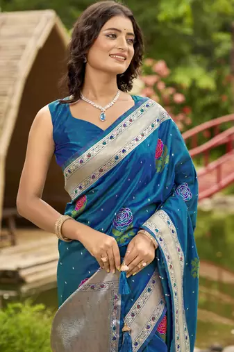  peacock blue satin silk blend jacquard saree with blouse piece