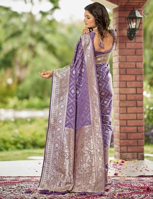  lavender purple satin silk blend jacquard saree with blouse piece 2