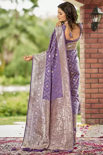  lavender purple satin silk blend jacquard saree with blouse piece