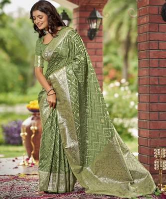  olive green satin silk blend jacquard saree with blouse piece 1