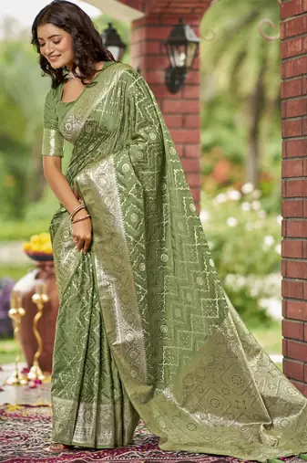  olive green satin silk blend jacquard saree with blouse piece