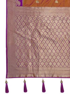  orange brown satin silk blend jacquard saree with blouse piece 5
