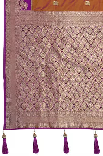  orange brown satin silk blend jacquard saree with blouse piece